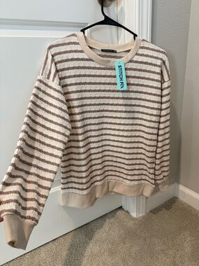 Women’s Striped Textured Knit Sweater - Cream & Brown